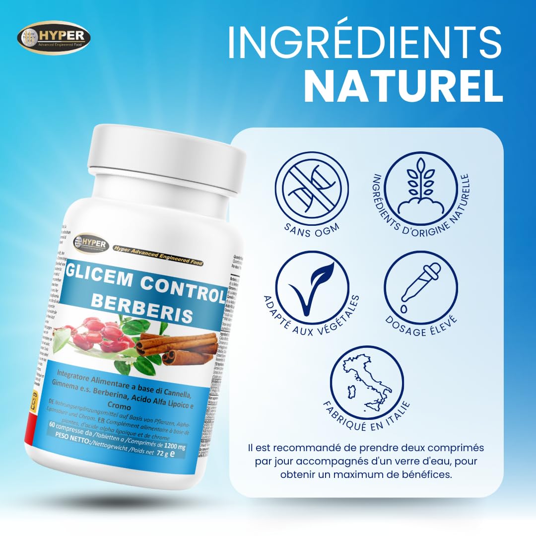 Hyper Glicem Control Berberis 180 Comprimés - pour la Glycemie avec Berberine, Gymnema, Cannelle, Acide Alpha-Lipoïque et Picolinate de Chrome - Métabolisme des Glucides