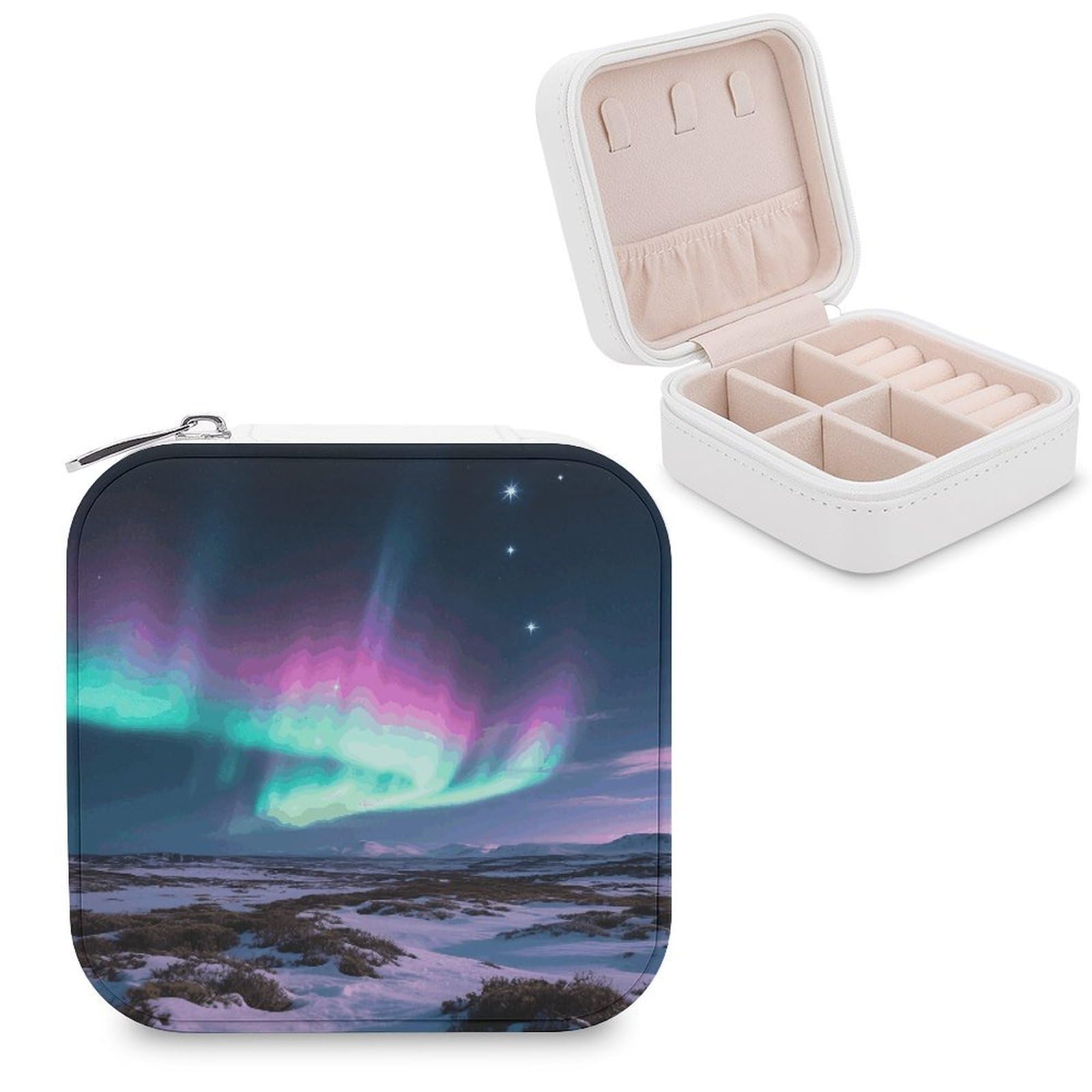 VstaDank Aurora Jewelry Organizer Travel Case for Women With Zipper Mini Jewelry Case PU Leather Jewelrys Box for Rings Necklaces Bracelets Earring Holder Organizer Storage