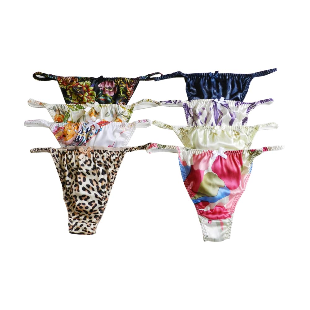 Yavorrs 8pcs Womens Silk Panties Thong Sexy G String Thongs T Back Satin Bikini Flower Underwear S-XXL 26-41