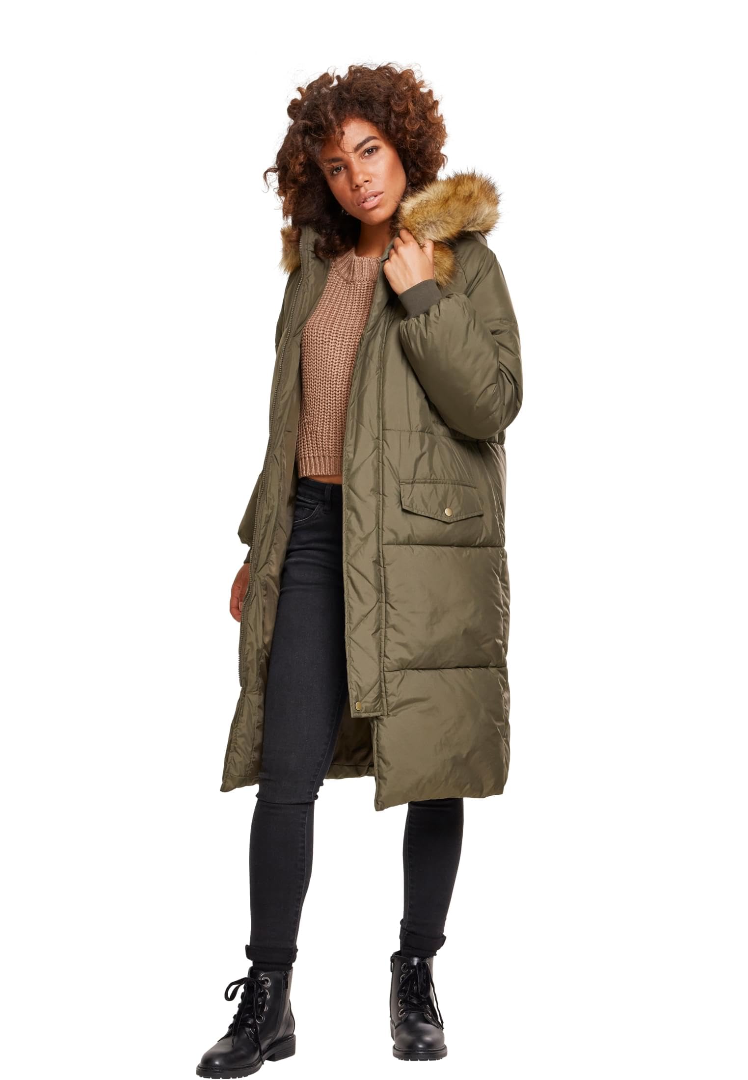 Urban Classics Women's Ladies Oversize Faux Fur Puffer Coat Jacket,Multicolour (Dark Olive/Beige 01481),L