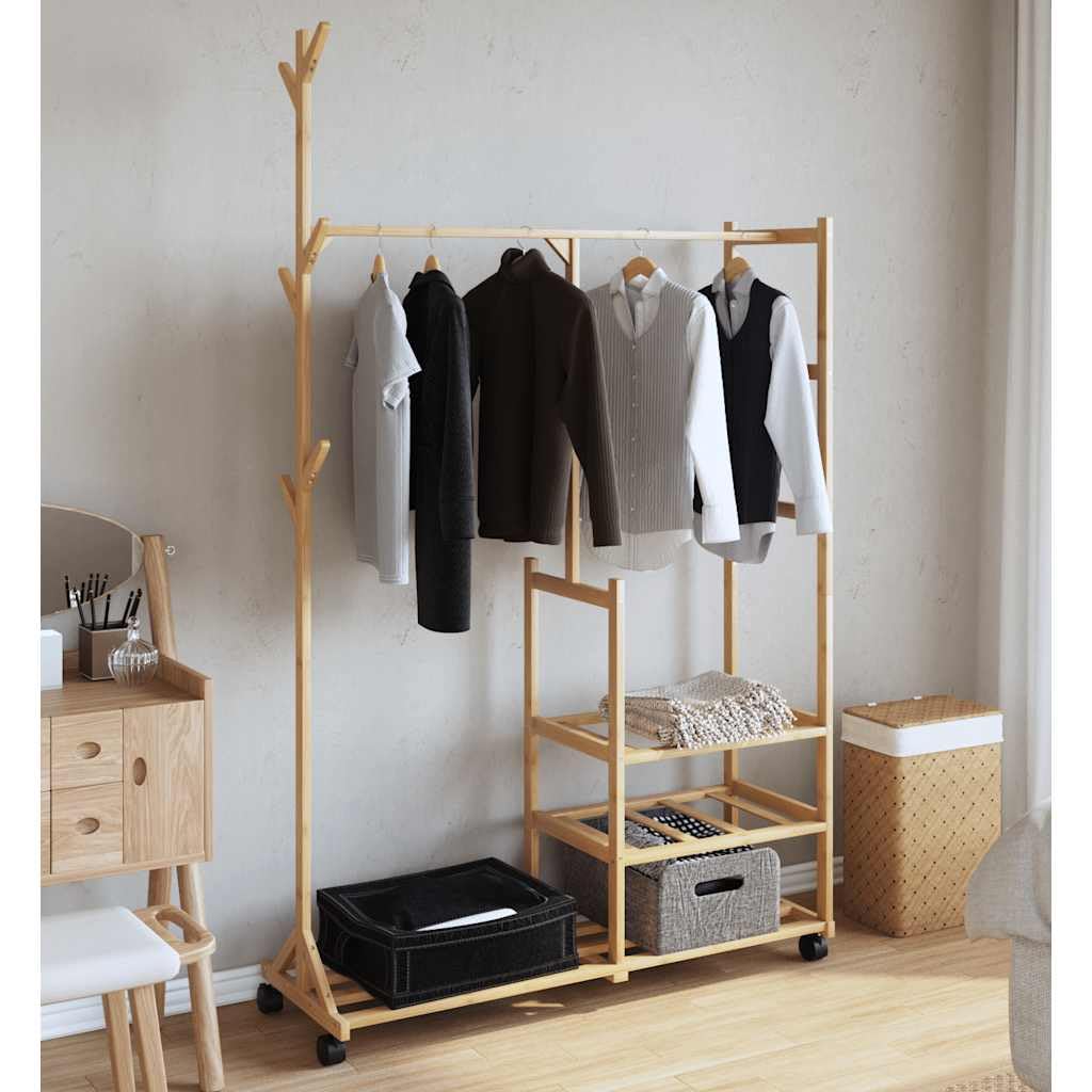Porte-manteau en bambou avec étagères et roulettes - 100 x 38 x 175,5 cm - Avec tringle à vêtements et crochets - Pour couloir, chambre à coucher, dressing, ordre et utilisation flexible