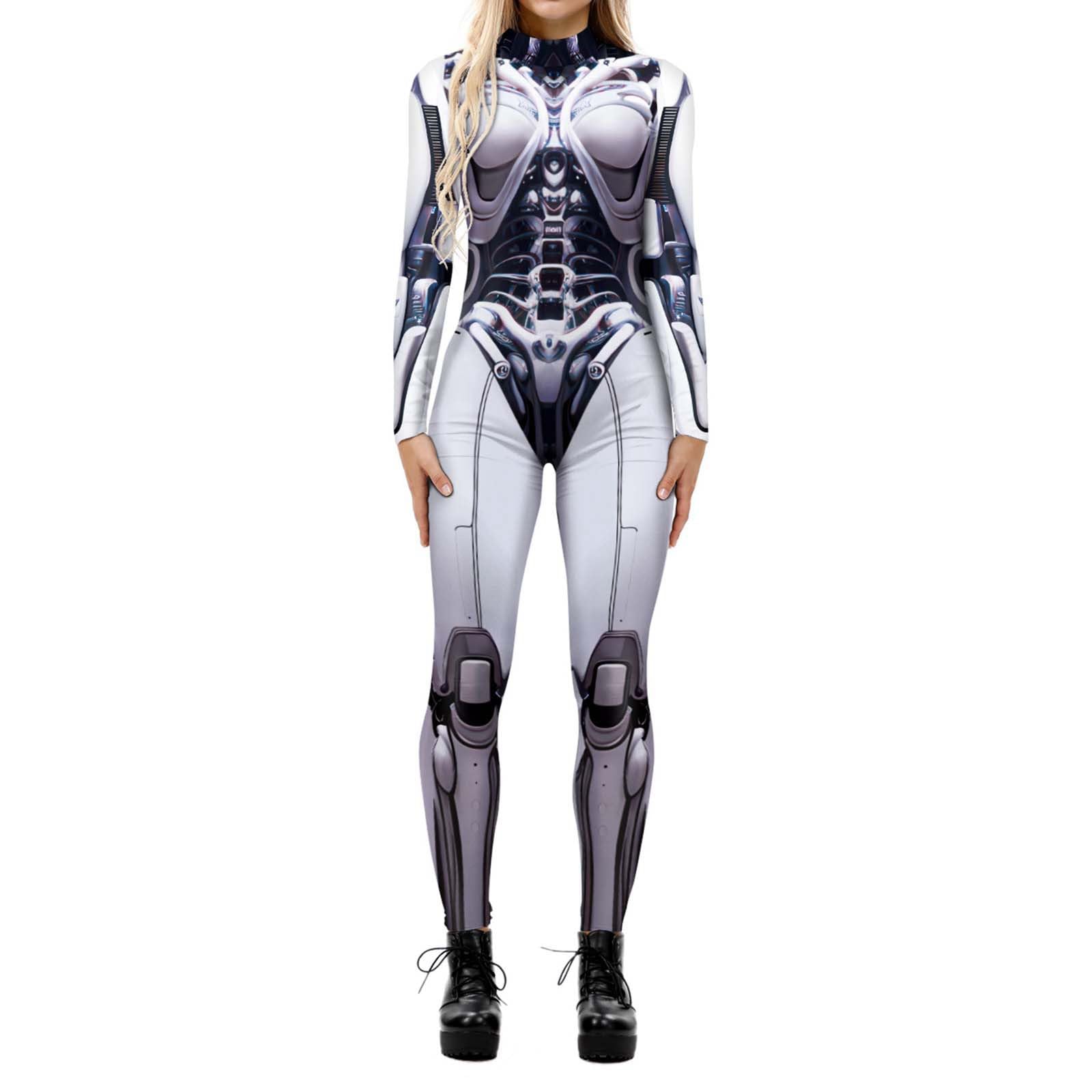Women's Animal Octopus Halloween Costume Jumpsuit, Adults 3D Print Octopus Skinny Catsuit Long Sleeve Snake Cosplay Bodysuit Unitard Comfy White