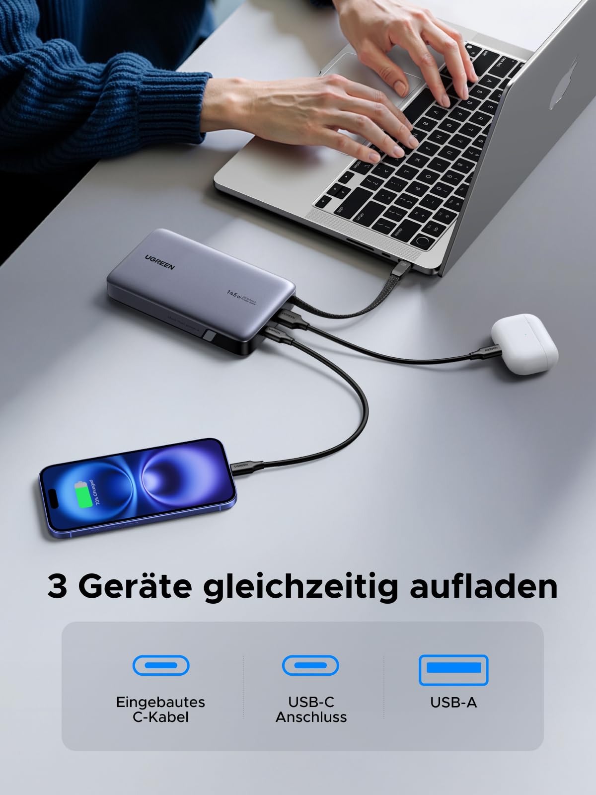 UGREEN Nexode Power Bank 20000mAh 145W mit integriertem USB-C Kabel | 2x USB-C+1x USB-A, Laptop/Handy-Aufladung, Kompatibel mit Macbook, iPad, iPhone, für Reisen/Büro