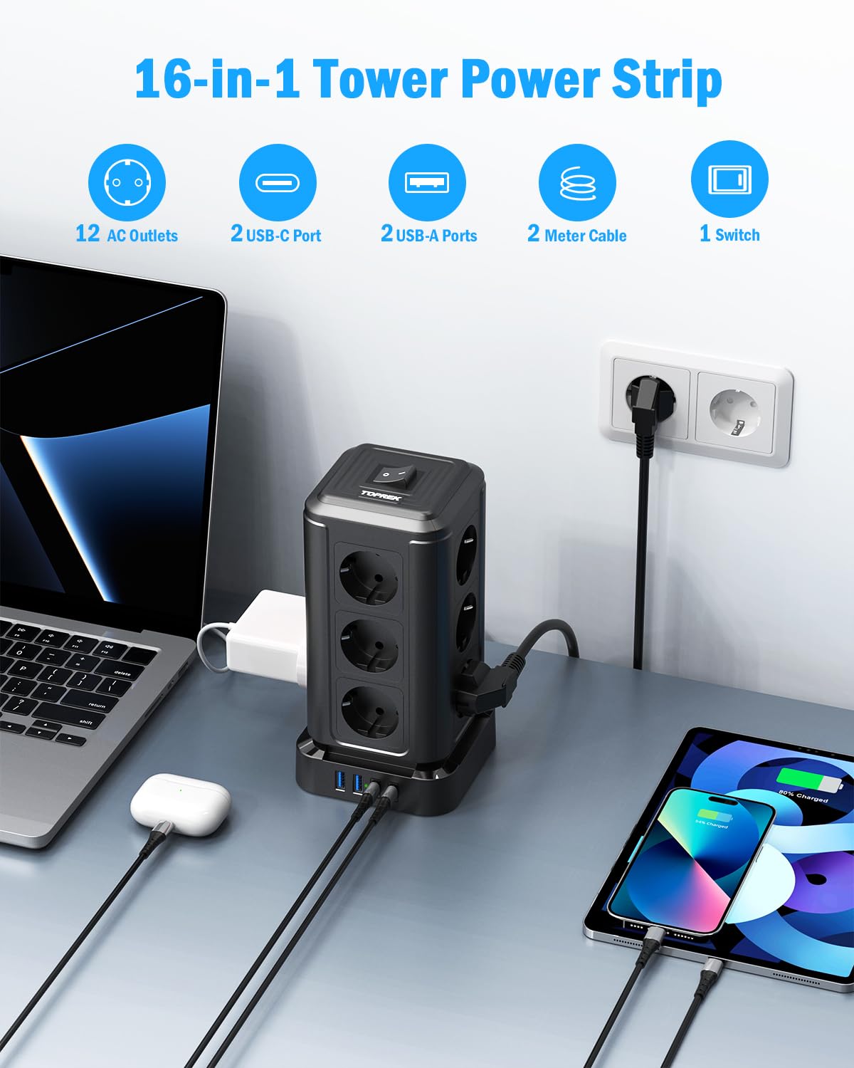 TOPREK Steckdosenturm USB C, Mehrfachsteckdose Überspannungsschutz PD 20W | 20W USB C Schnellladen, 3680W/16A Steckdosenleiste, Steckdose mit Schalter für Büro Küche Tisch, Schwarz 2M