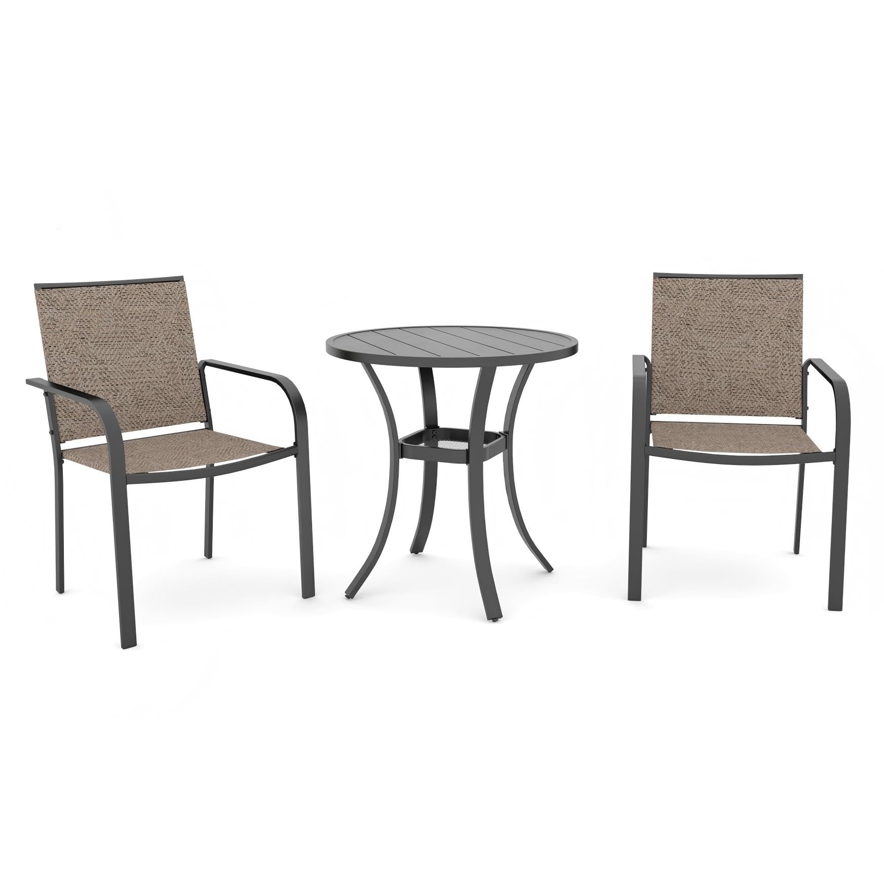 Anmutig 3 Piece Outdoor Bistro Set, 27.5" Round Metal Table, Beige Chairs