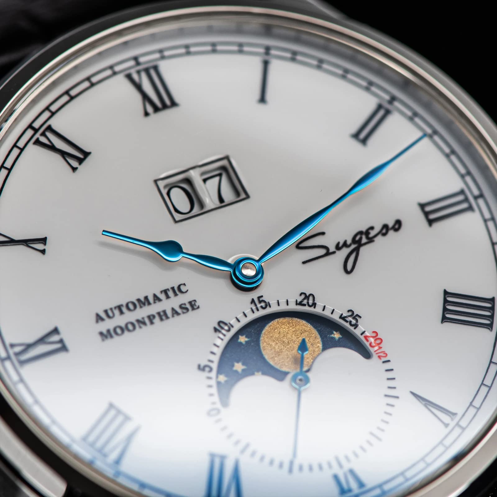 Sugess SU2528SS MoonPhase Master Seagull ST2528 Movimiento zafiro cristal reloj mecánico automático de los hombres 1963, negro, 41mm, Correa