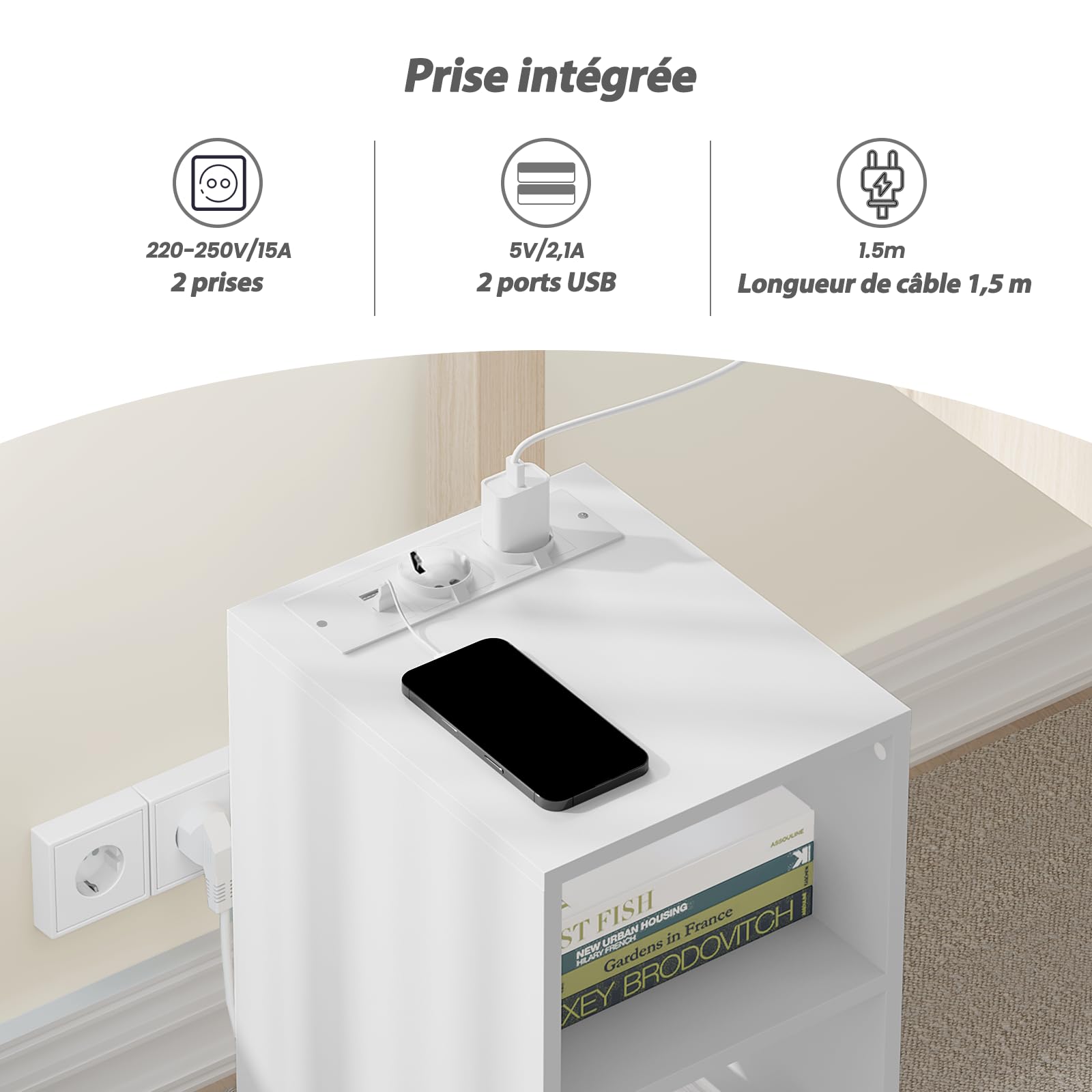 WOLTU Table de Chevet, Table d’appoint avec Station de Charge, 2 Compartiments Ouverts, 2 Ports USB+2 Prises, Blanc, 25x30x60cm, NTS06ws
