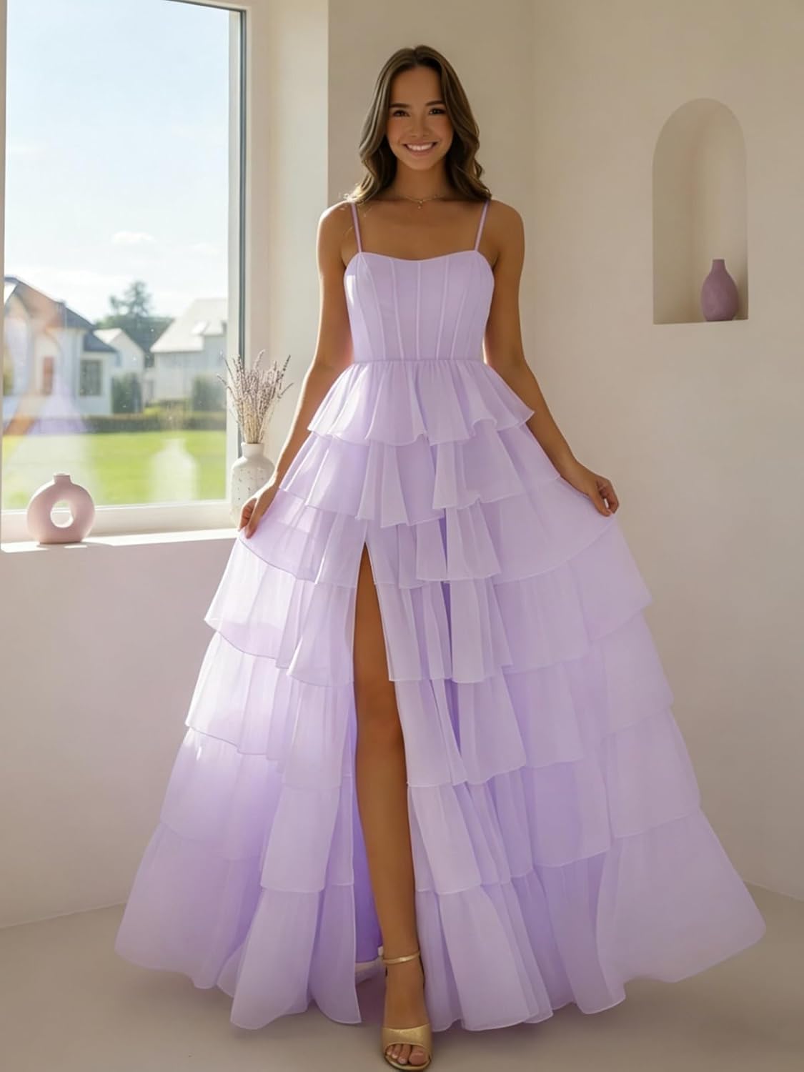 Tiered Prom Dress for Teens 2026 Spaghetti Strap Layered Ruffles Flowy Ball Gown with Slit