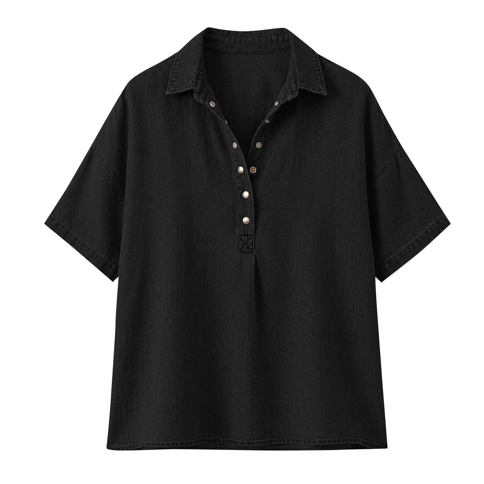 Blusa vaquera para mujer, estilo retro, cuello en V, manga corta, vaquera, holgada, de verano