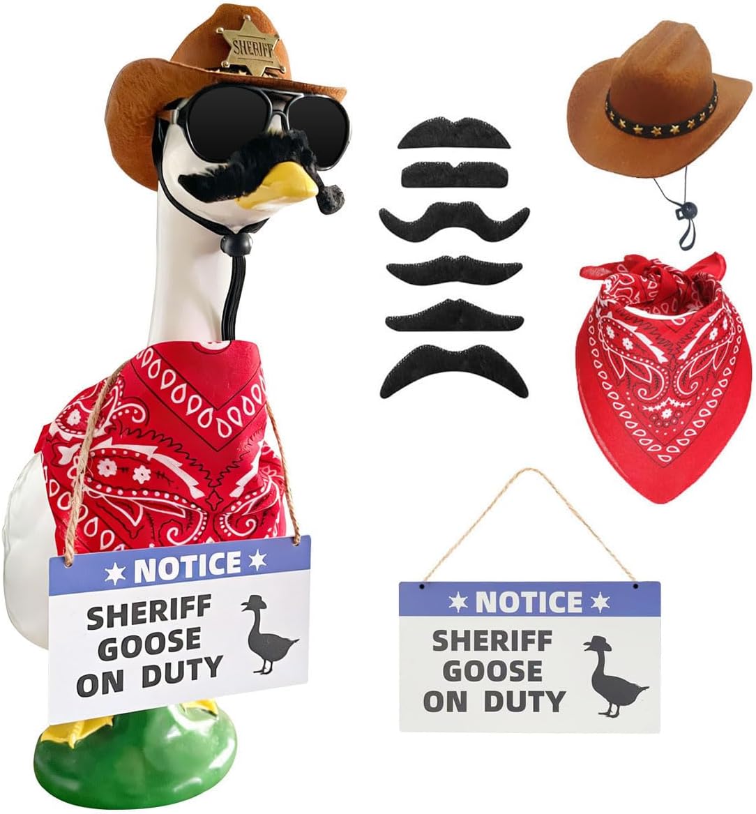 9pcs Goose Outfit,Porch Goose Outfits,Lawn Goose Statue Costume for 17"/23" Cement Patio Garden Outdoor Statue Decor,Police Hat Eyeglasses PVC Sign Danger Guard Goose on Duty (Police)