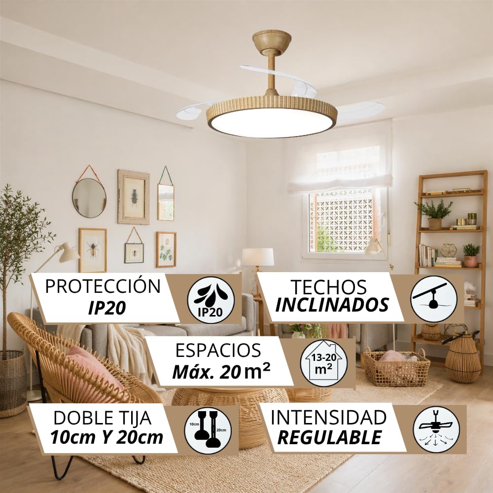 NARVI Ventilador de Techo Madera Haya Ø107 cm con Luz LED Regulable, Motor DC Silencioso de Bajo Consumo, Lámpara Ventilador con Mando, 3 Aspas Retráctiles, MANHATTAN 8996 WDNL. Potencia 60W
