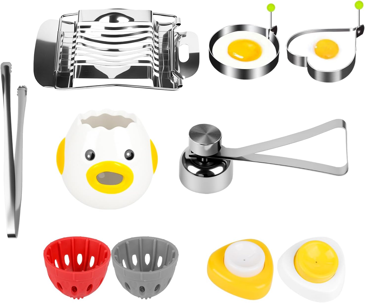 10-in-1 Egg Tool Set:1 Chalaza Remover Tongs,2 Piercers,2 Fry Rings,2 Brush Cleaners,1 Shell Opener,1 Egg Separator,1 Egg Slicer -All Essential Egg Prep Gadgets for Perfect Cooking