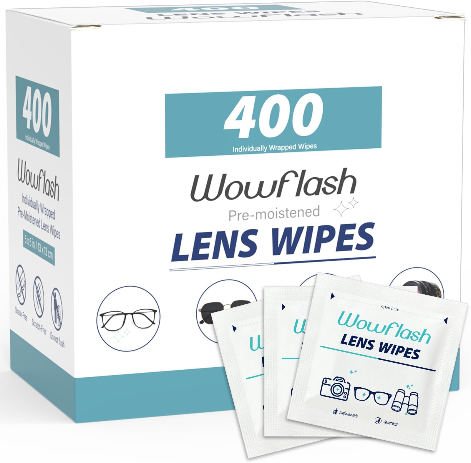 - 400 Count Lens Wipes for Eyeglasses, Eyeglass Lens Cleaning Wipes Pre-moistened Individually Wrapped Sracth-Free Streak-Free Eye Glasses Cleaner Wipes for Sunglass, Camera Lens, Goggles