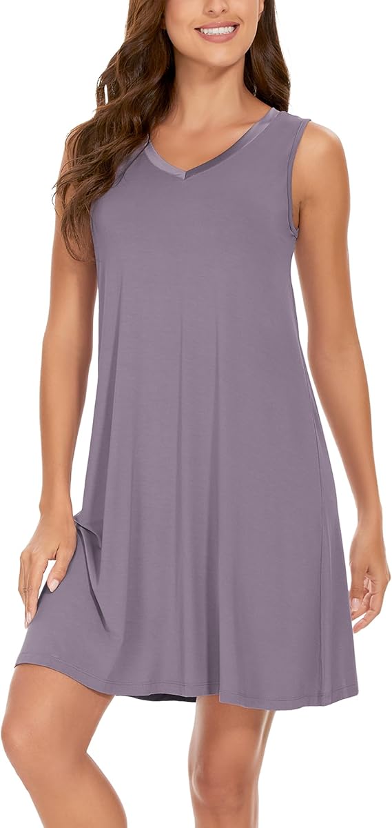 GYS Camisones sin mangas de viscosa de bambú refrescantes para mujer | Camisa para dormir con cuello en V, que absorbe la humedad para personas que duermen calientes y sudores nocturnos, camisas de noche ligeras, suaves como la mantequilla, hasta la rodilla