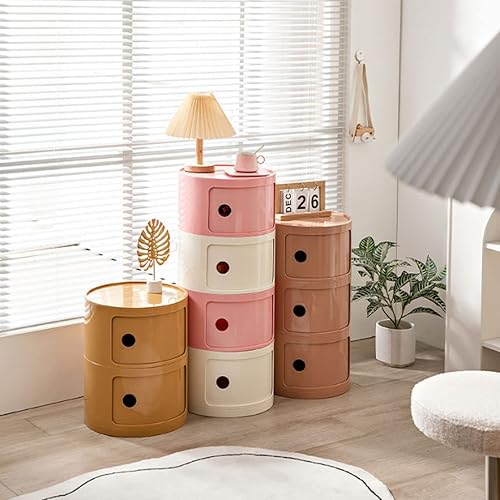 Miniatura 5 de Mesita de noche redonda de plástico de 2/3/4 niveles, mueble de almacenamiento con cajones y puerta corredera, armario de noche moderno nórdico para