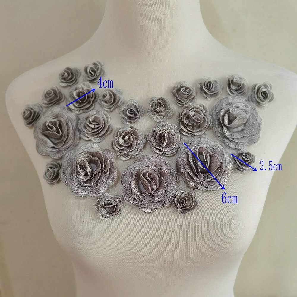 25pcs Gray Embroidered Flower Sew On Patches Fiber Sewing Trims Clothes Wedding Dress Craft DIY