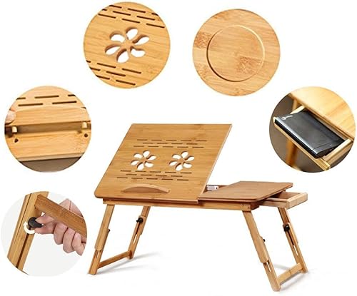Miniatura 2 de Bandeja de bambú con patas ajustables  Bandeja plegable para servir desayuno  Escritorio de regazo con cajón superior inclinable y lateral  Soporte