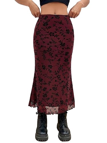 Verdusa Women's High Waisted Mesh Skirt Y2k Outfits Fishtail Bodycon Long Skirts Goth Clothes - X-Large - Maroon