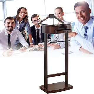 Soporte de valet independiente para hombres y mujeres, multifuncional, con estante para pantalones y rejilla de almacenamiento, color marrón, 43 x 34 x 106 cm