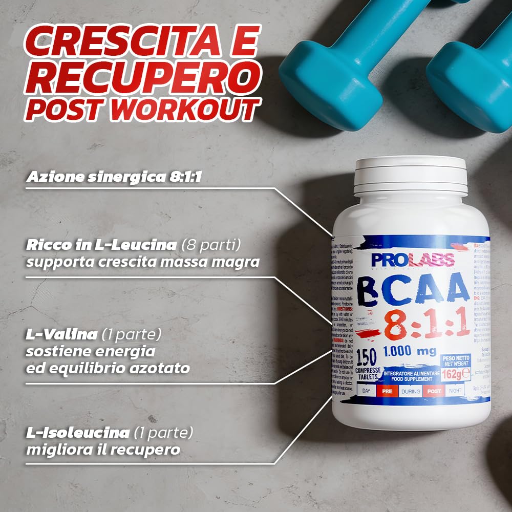 PROLABS – Bcaa Aminoacidi Ramificati Compresse 8.1.1, Amminoacidi 100% Veg con Vitamina B6, B1 e L-Leucina (8 parti) Crescita e Recupero Muscolare, Integratore Post e Pre Workout, 150 Tablet (1000 mg)