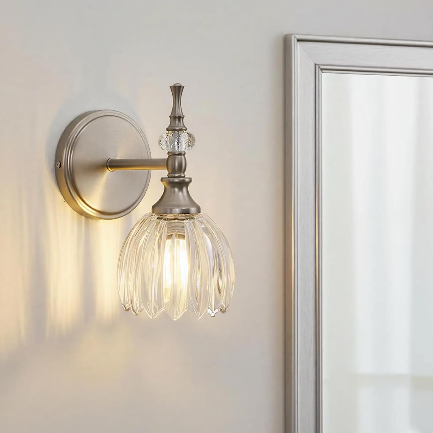 ANDY STAR Brushed Nickel Bathroom Light Fixtures, 1-Light Vanity Lights for Mirror, Vintage Wall Sconces Light with Clear Tulip Glass Shade for Living Room, Hallway, Kitchen, E12 Base Brushed Nickel 1-Light