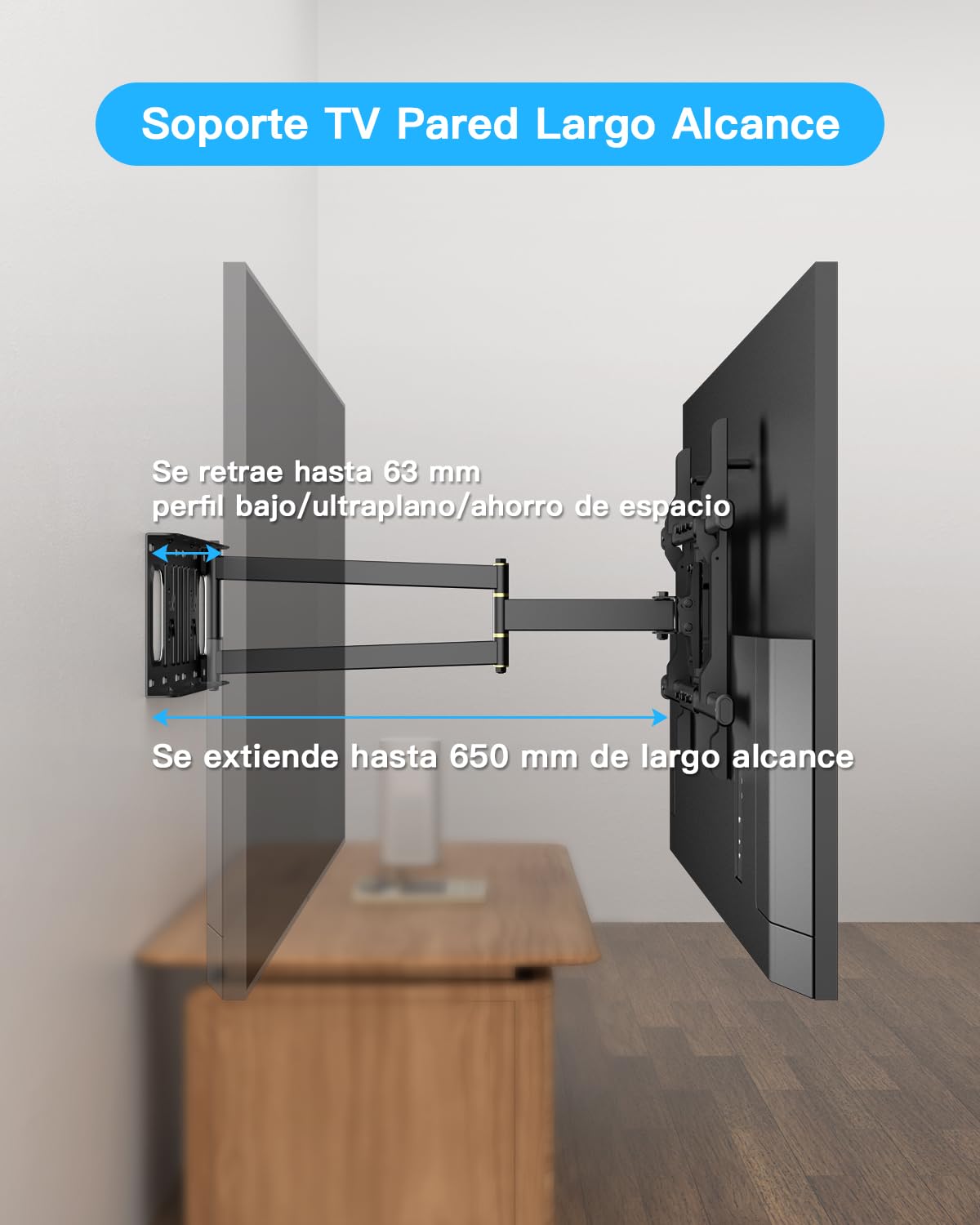 Soporte de Pared para TV de Largo Alcance con Extensión de 650mm, Soporte TV Pared Esquinero Giratorio e Inclinable para Tv de 32-70 Pulgadas Planas y Curvas de hasta 35kg, VESA máx. 600x400mm