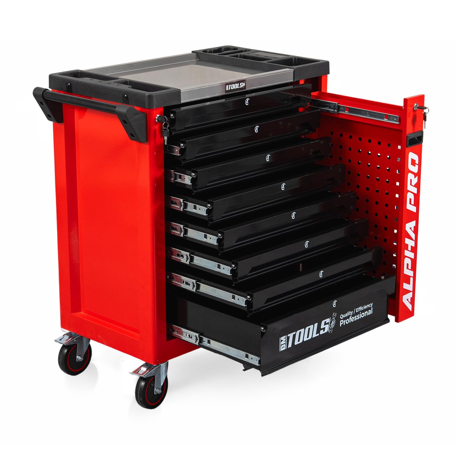 BM TOOLS Servante d'Atelier Garage Automobile Alpha-Pro - 9 Tiroirs - 311 Outils, 4 Roues, 2 Freins, Chariot Mecanicien - Rouge