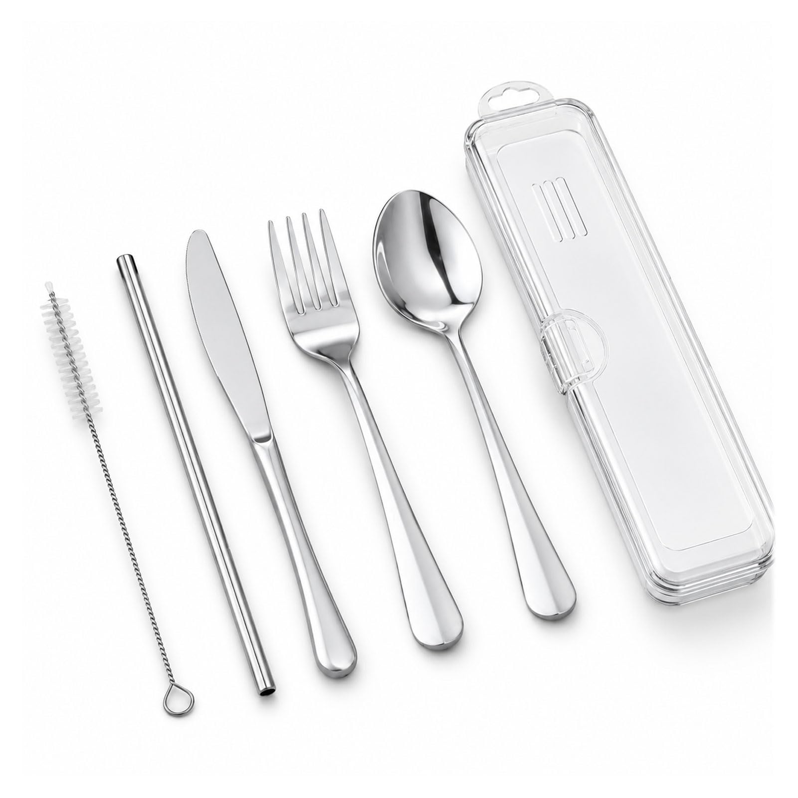 Rokahebi Travel Cutlery Set with Case, 6PCS Reusable Stainless Steel Travel Cutlery, Portable Cutlery Set with Spoon, Fork, Knife, Straw & Cleaning Brush for Camping, Work, Lunch Box and Travel