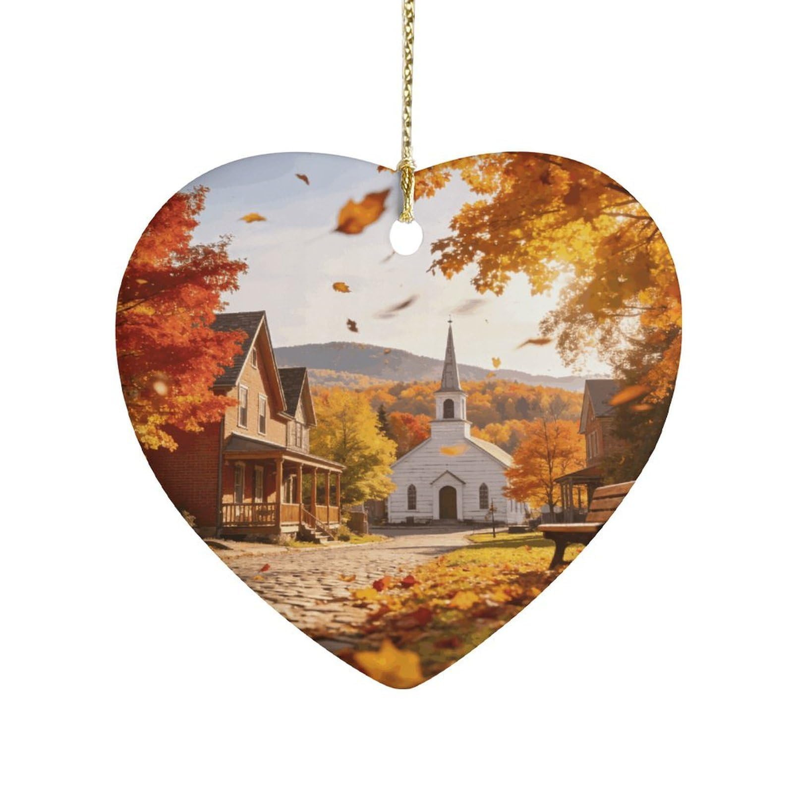 Khauerbc Style Autumn Townheart Shaped Ceramic Ornament With String,Ceramic Ornament,Two-Sided Printed For Christmas Tree And Holiday Decoration
