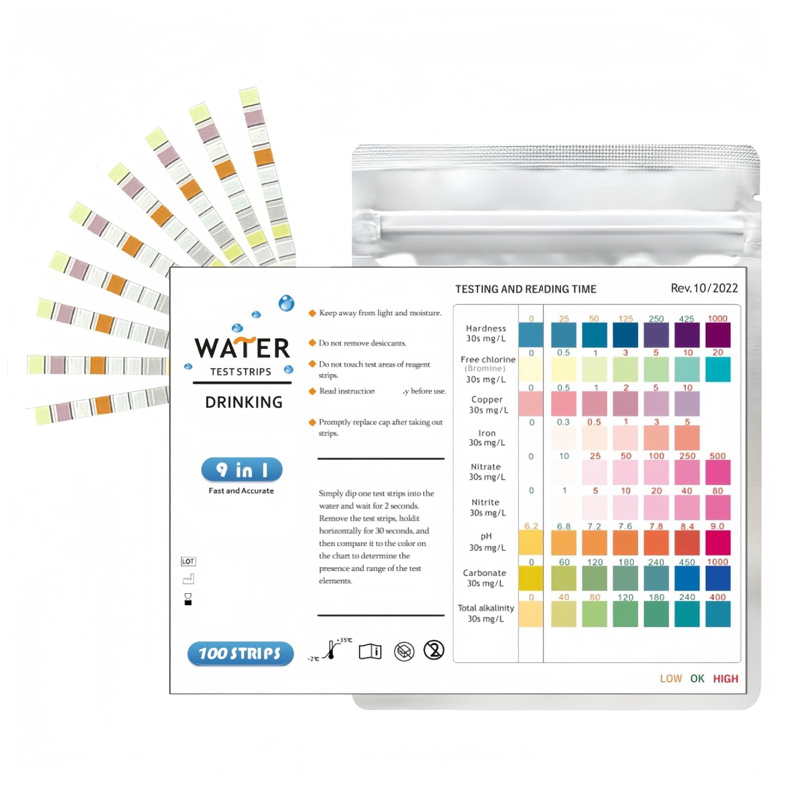 Lot de 100 Bandelettes Test Eau Aquarium 9 en 1, Kit Test Aquarium Eau Douce et Eau Salée, Test Nitrite Nitrate pH GH KH Chlore Cuivre Fer avec Tube et Thermomètre