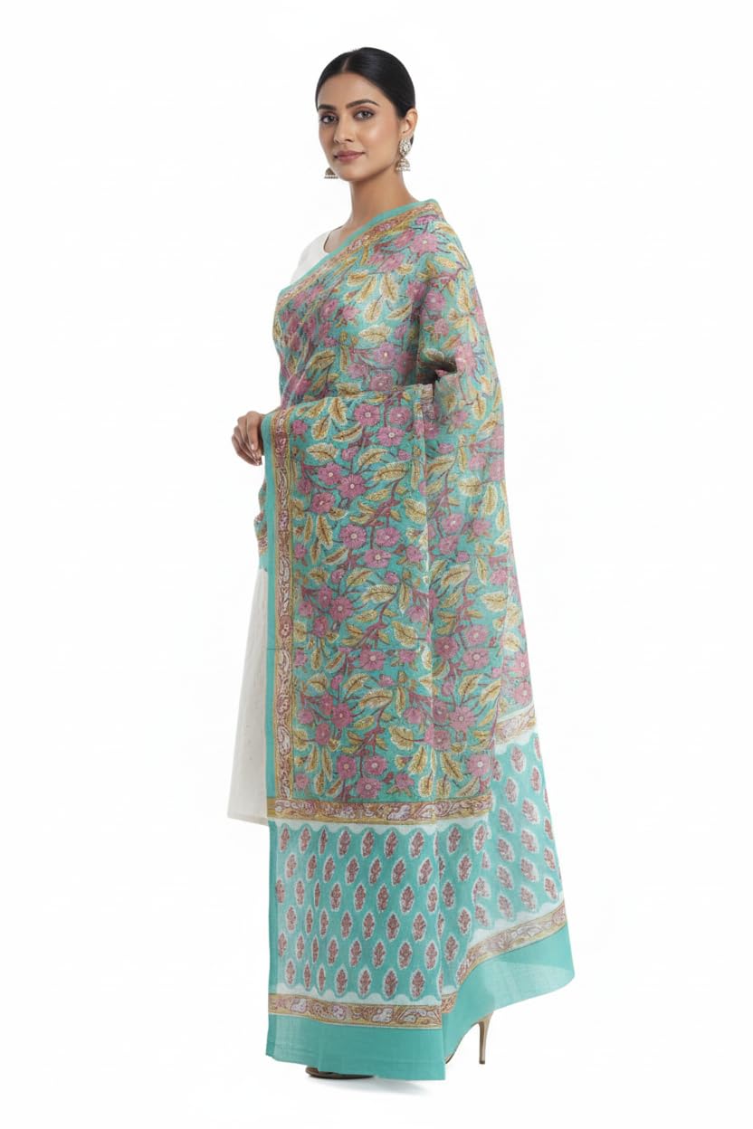 Teal Pink Mul Cotton Dupatta | Sanganeri Leaf Floral Block Print | 250x120cm – ISYVSK-A08-image-48