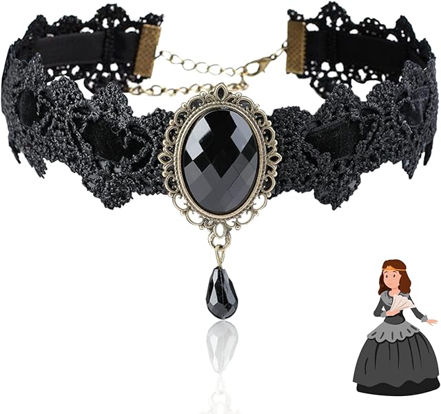 QOCO Black Choker Gothic Necklace for Women Lace Rhinestone Collar with Gothic Jewellery Steampunk Vampire Chocker Punk Accessories with Teardrop Pendant for Women Girls Cosplay Party