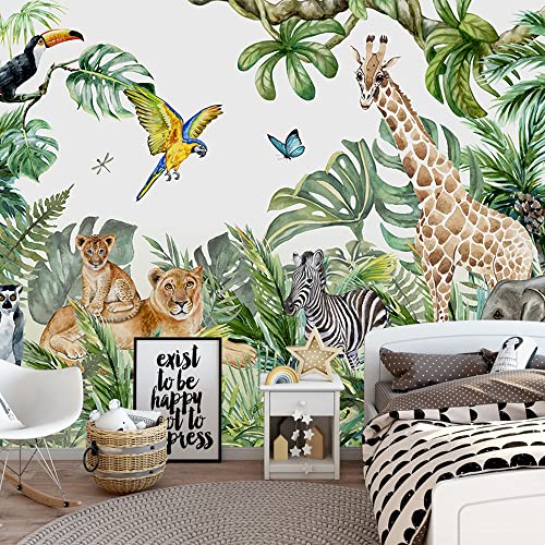MFWFM Papel pintado de safari para niños con animales Selva Mural de pared Acuarela Animales de guardería Decoración de habitación de niños