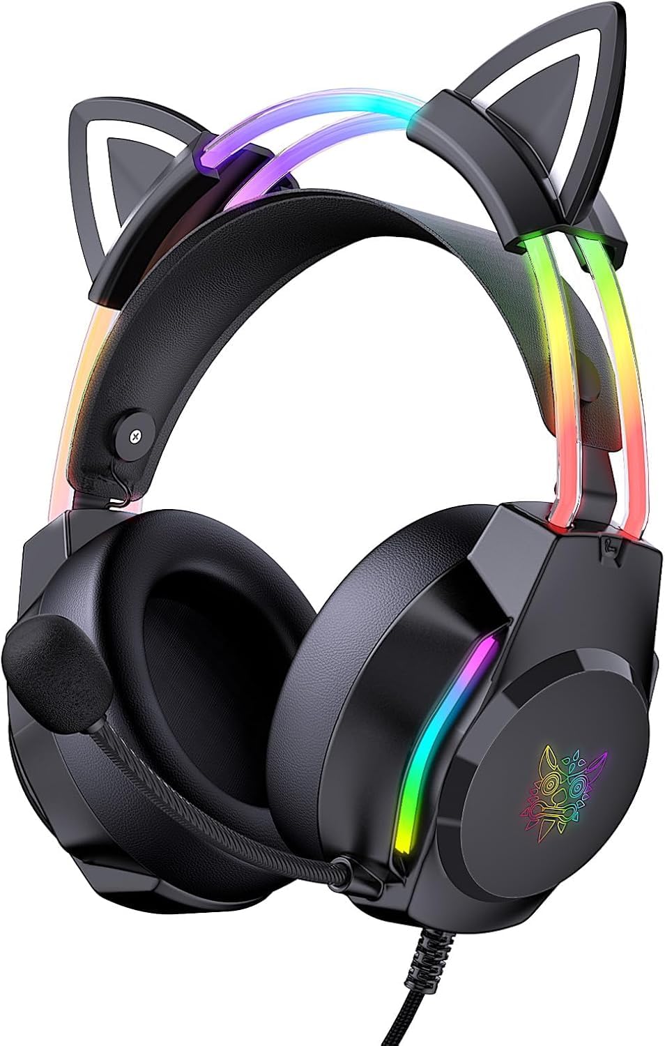 Gaming Headset with Noise-Canceling Microphone & Cat Ears, RGB Backlight, Virtual Surround Sound – for PC, PS4&5, Xbox, Switch – Lightweight Over-Ear Headphones with Auto-Adjustable Headband (Black)