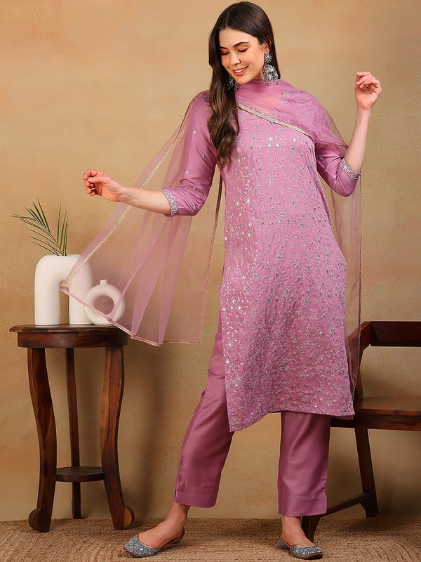Image of Vaamsi Women's Silk Blend Floral Embroidered Straight Kurta Pant With Dupatta With Cotton Inner