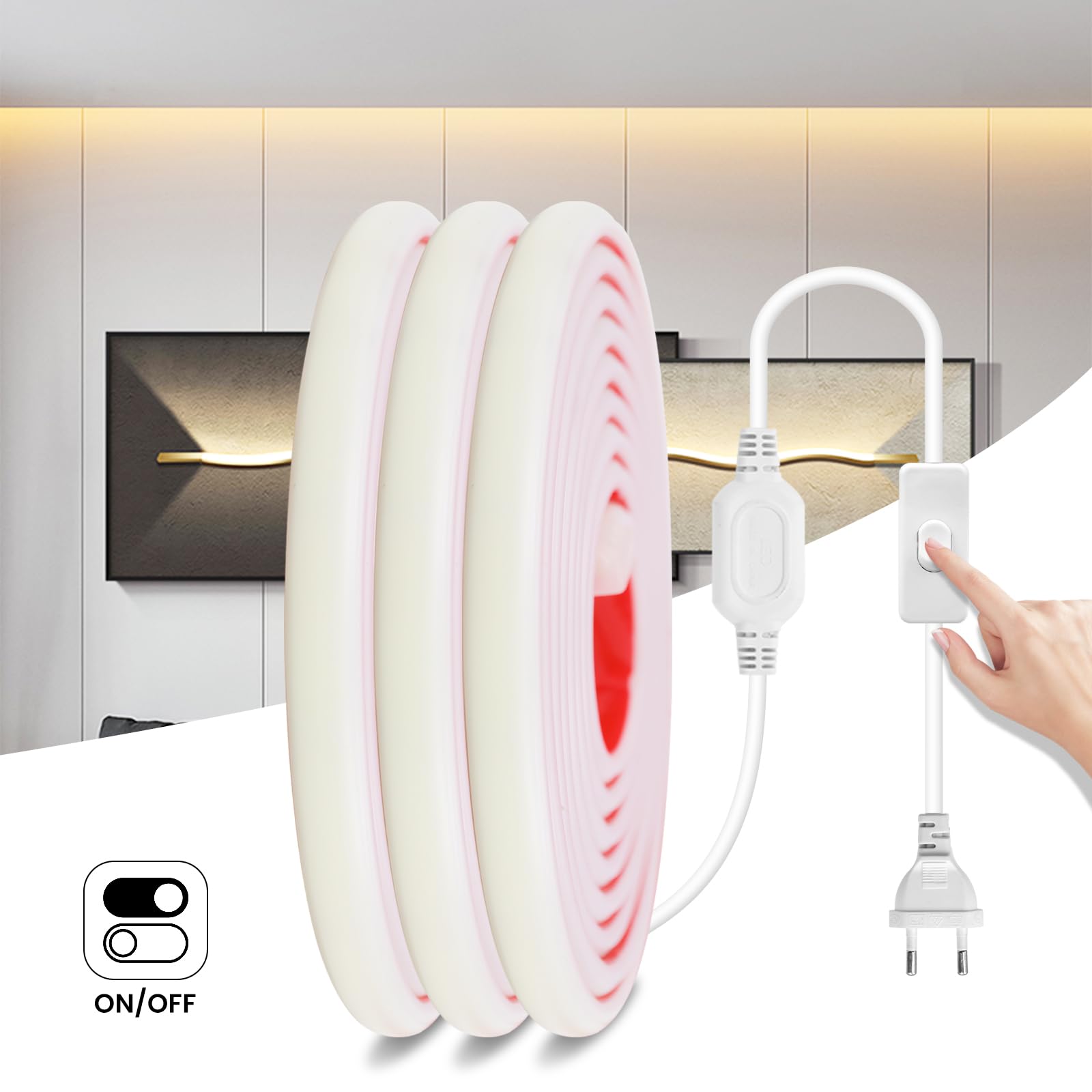 Tira LED Neón COB 220V con Encendido/Apagado [12M, Blanco Cálido 3000-3500K], IP65 Impermeable Flexible, 288 LEDs/m Tira LED FCOB Cortable CRI90+, Decoración Tienda Hogar