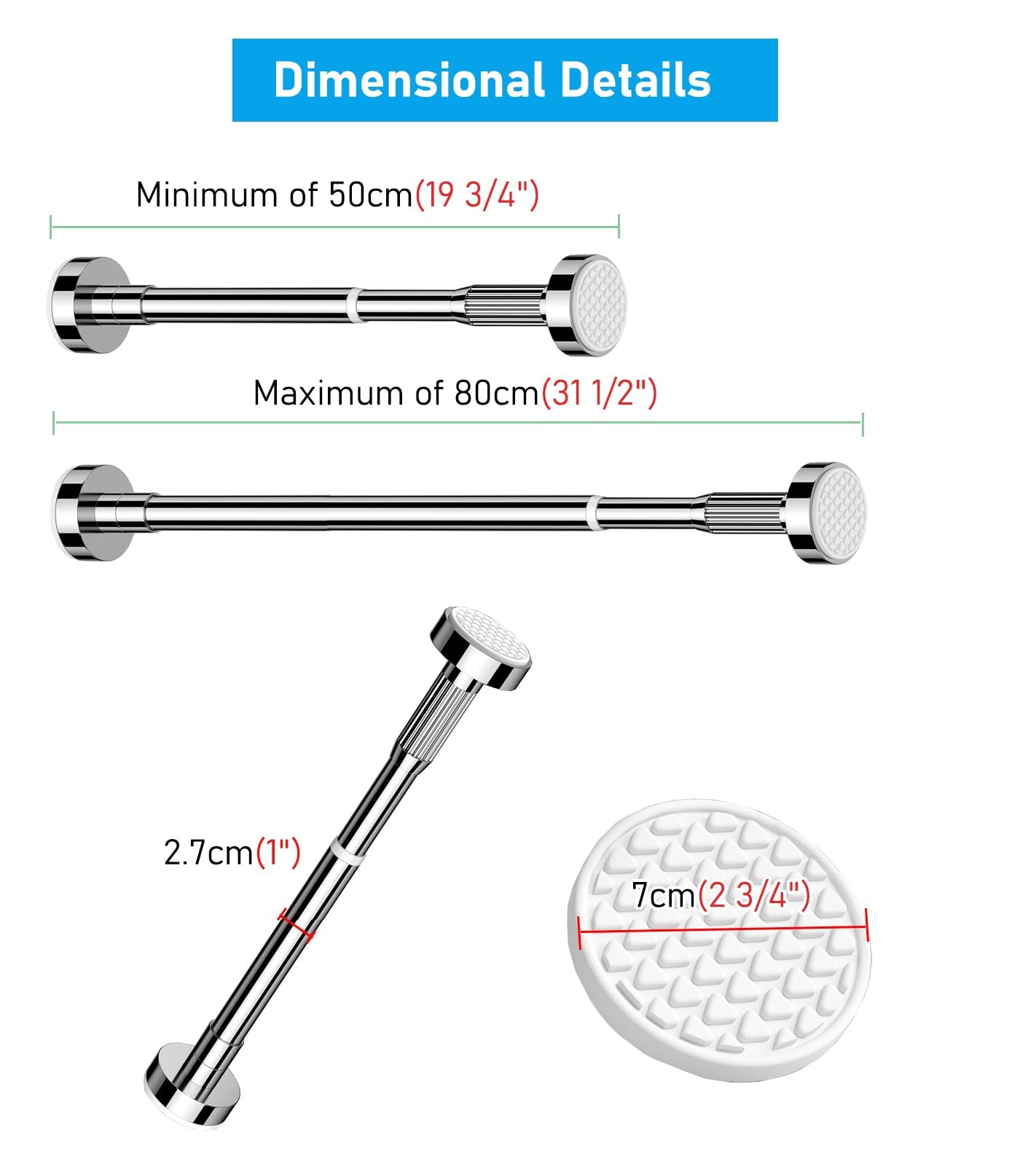 Barra de armario de tensión ajustable de acero inoxidable que ahorra espacio, instalación sin taladro, color morado, extensible, 50-80 cm, para nización de ropa