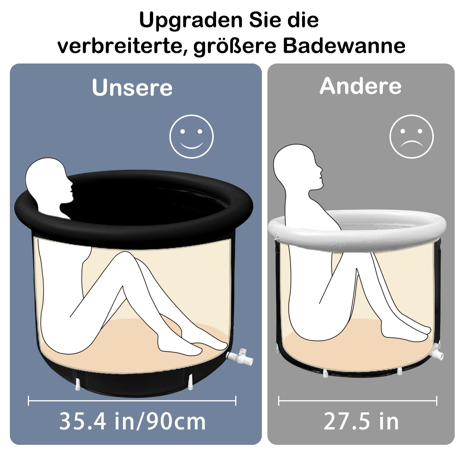 B&Y Duża składana wanna lodowa z pokrywką, 90 cm, nadmuchiwana wanna dla dorosłych, wolnostojąca, mobilna wanna lodowa, do użytku na zewnątrz, do kąpieli lodowej, prysznica, spa, soaking shower