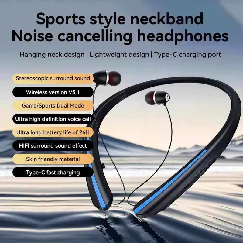 Image of Neckband Bluetooth Headphones, 24H Battery with Auto-Retractable in-Ear Earbuds, HiFi Stereo Sound & Hybrid Active Noise Cancelling for Sports, Gym, Running, Workout, Hands-Free Calling(Blue)