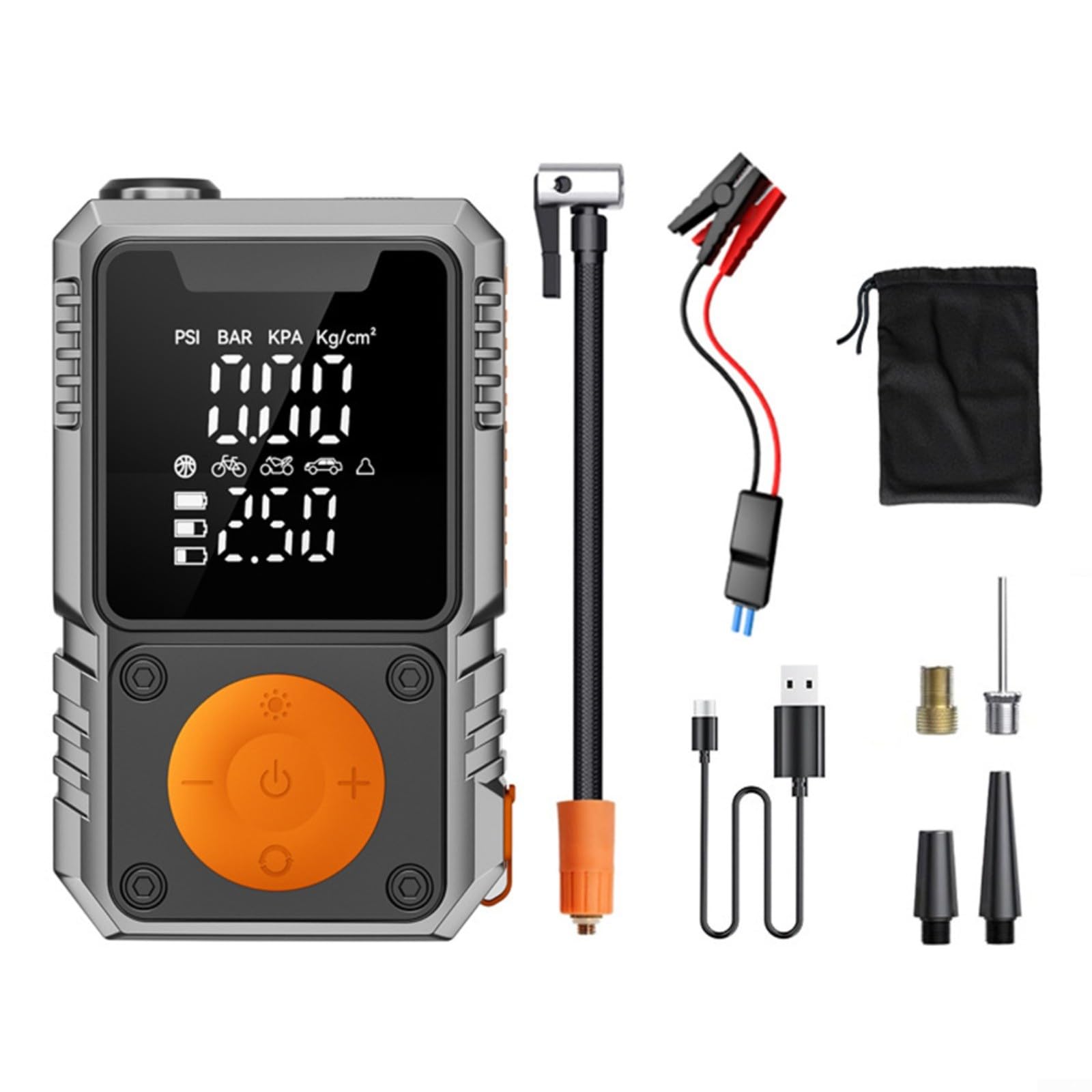 Avviatore di emergenza per auto da 7200 mAh e pompa ad aria con gonfiaggio 150 PSI, ricarica di tipo C, illuminazione a LED, materiale ABS, design portatile (4 x 1500 mAh)