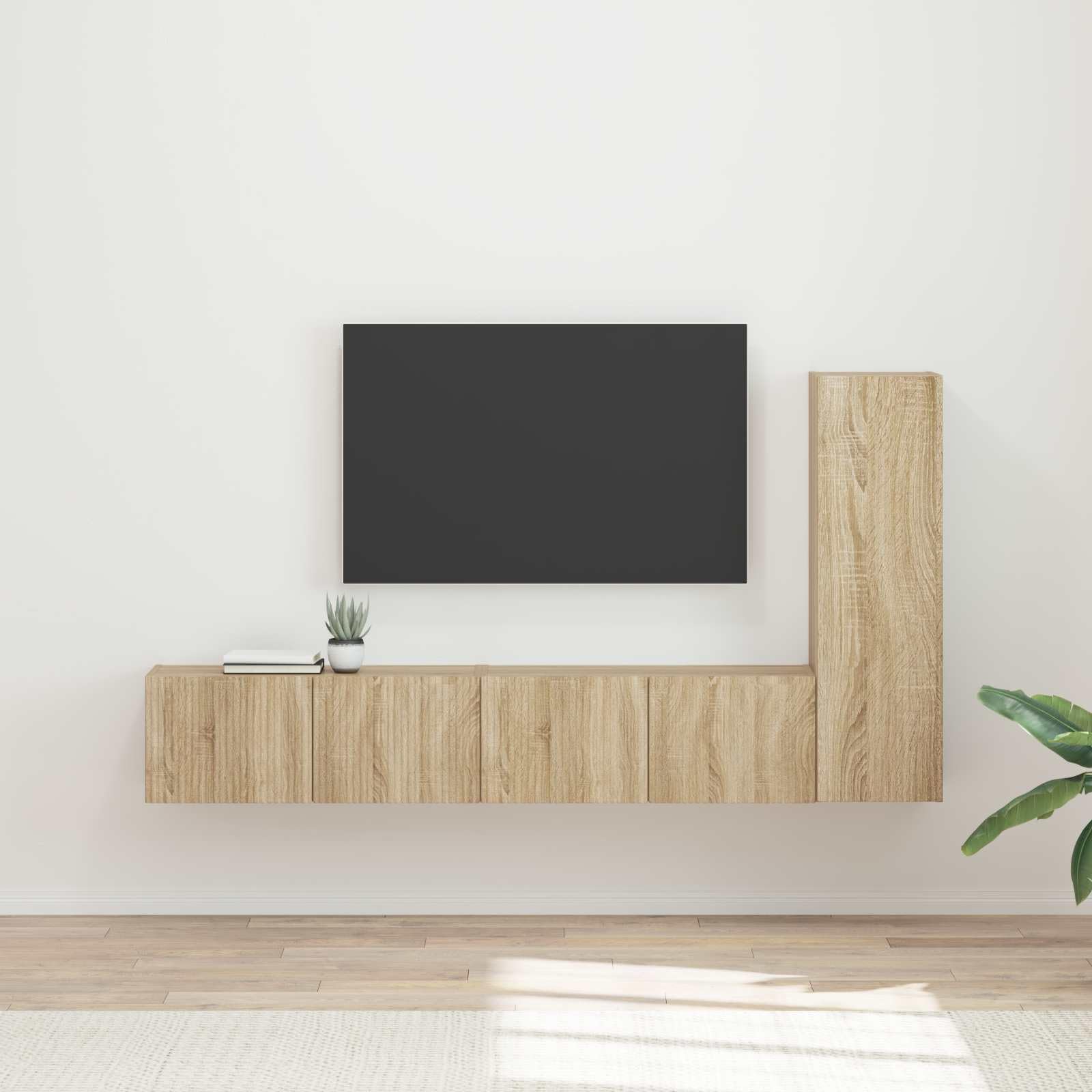 Zestaw szafek pod telewizor montowany na ścianie, 3-częściowy dąb Sonoma materiał drewnopochodny z miejscem do przechowywania, półkami i szufladami, nowoczesny kredens do salonu, konsola