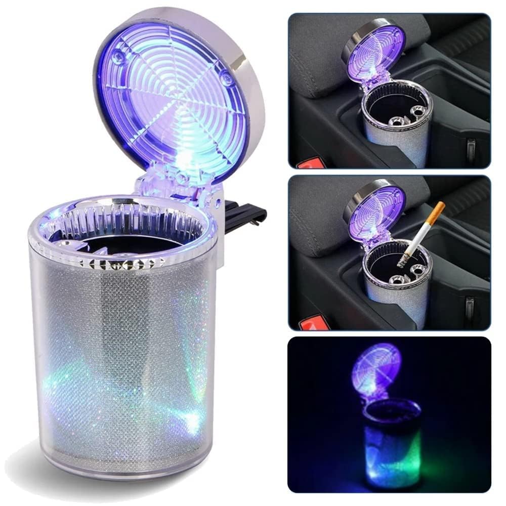 NALACAL Car Ashtray with LED Light, Portable Smokeless Ash Tray with Lid, Mini Car Trash Can for Vehicles, Smell Proof Ashtray for Cars, Fits Most Cup Holders, Silver