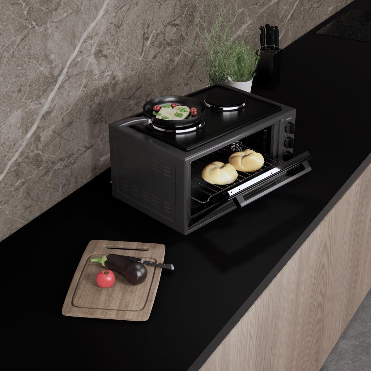 Wiggo Minihorno con placa de cocción 2000 W 45 litros 6 en 1 funciones gris