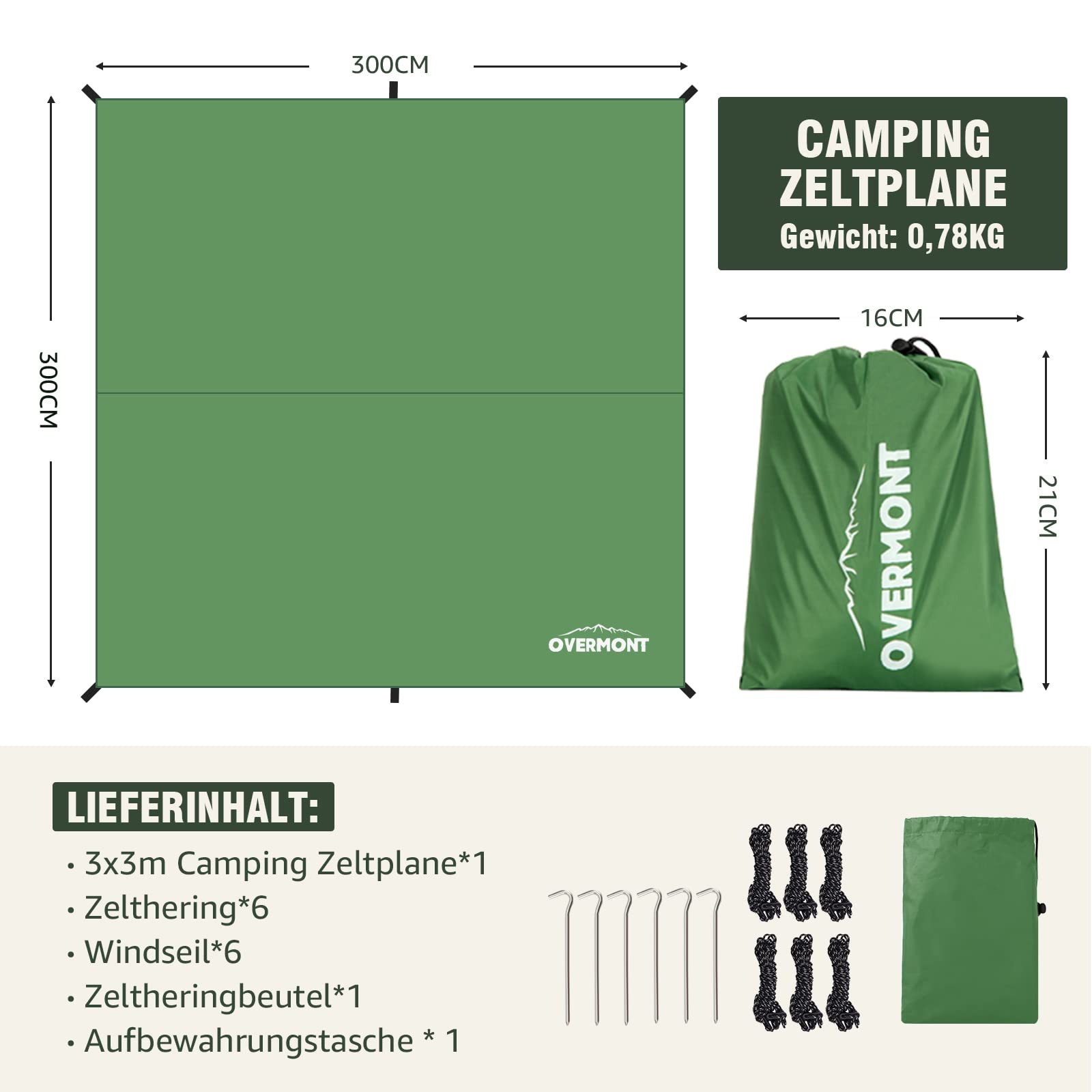 Overmont Camping Zeltplane 3m x 3m Tarp Multifunktional Tragbar Sonnensegel mit 6 Heringe und 6 Seilen Sonnenschutz für Hängematte Outdoor Reisen Picknick Grün
