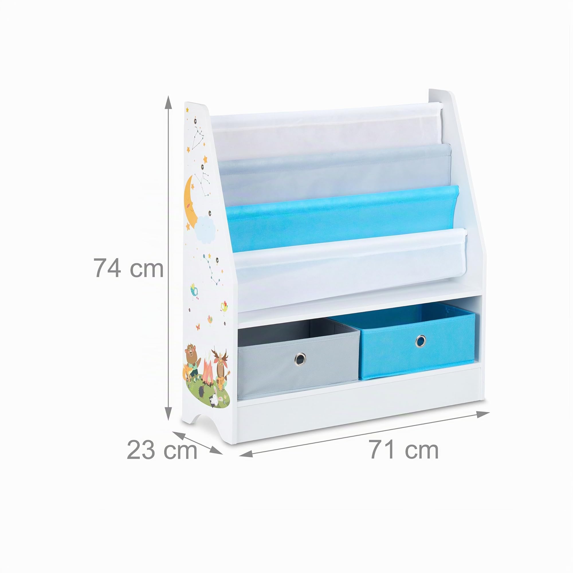 Relaxdays Estantería Infantil Animales, con 2 Cajas y 3 Bolsas Tela, Mueble Juguetes, Librería, 74x71x23 cm, Multicolor
