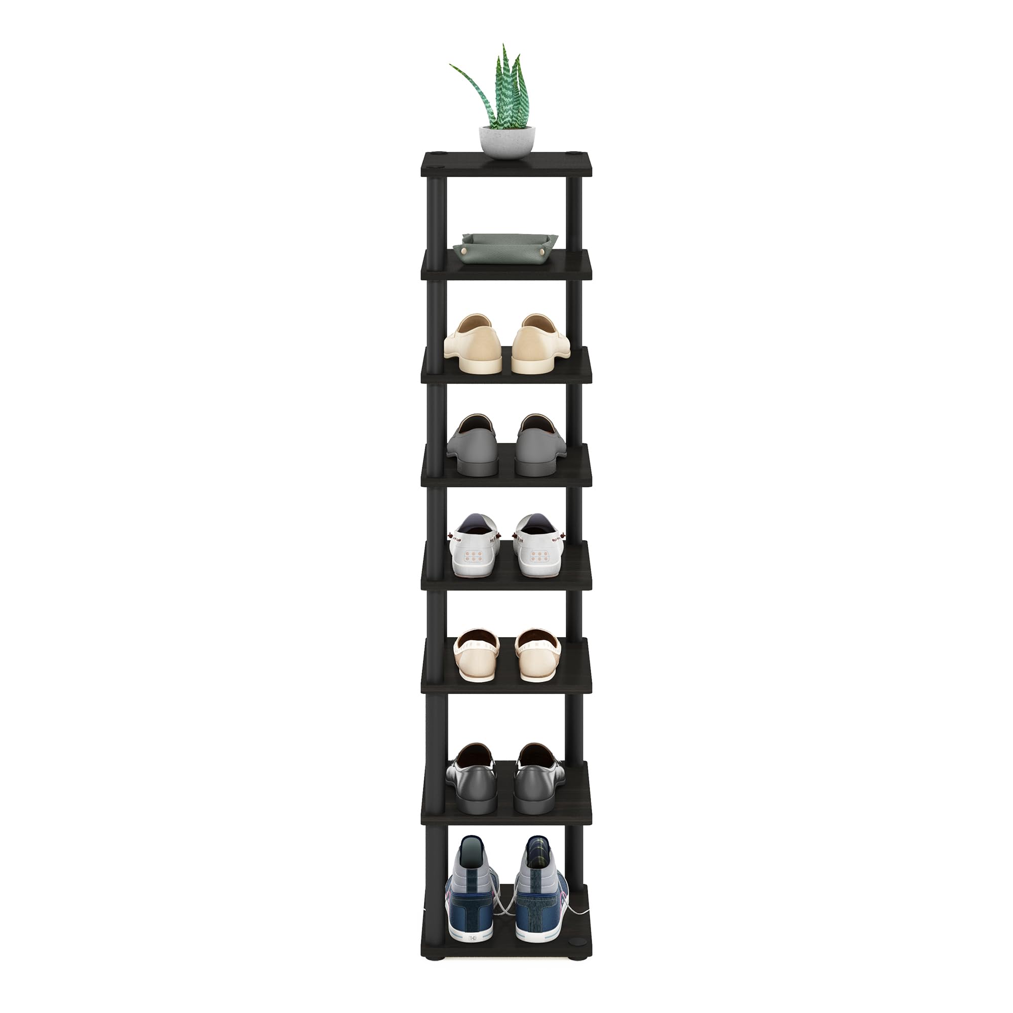 Furinno Turn-N-Tube Zapatero De 8 Niveles con Torre Vertical, 11.6 X 11.6 X 52.6, para Entrada De Armario, Oficina Y Garaje, Color Espresso/Negro