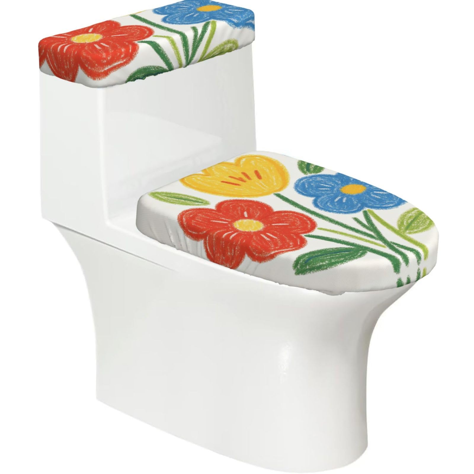 Color Pencil Art Elastic Toilet Cover Set of 2-Stretchy Lid and Tank Covers for Bathroom, Soft Washable U Shape Toilet Decor