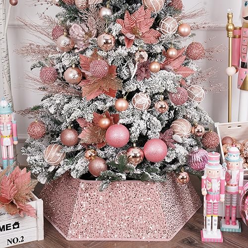 Christmas Tree Collars for Atificial Trees, 24 Inch Sparkling Sequins Christmas Skirt, Base Cover,Holiday Home Decor Ring(Rose Gold,Large)