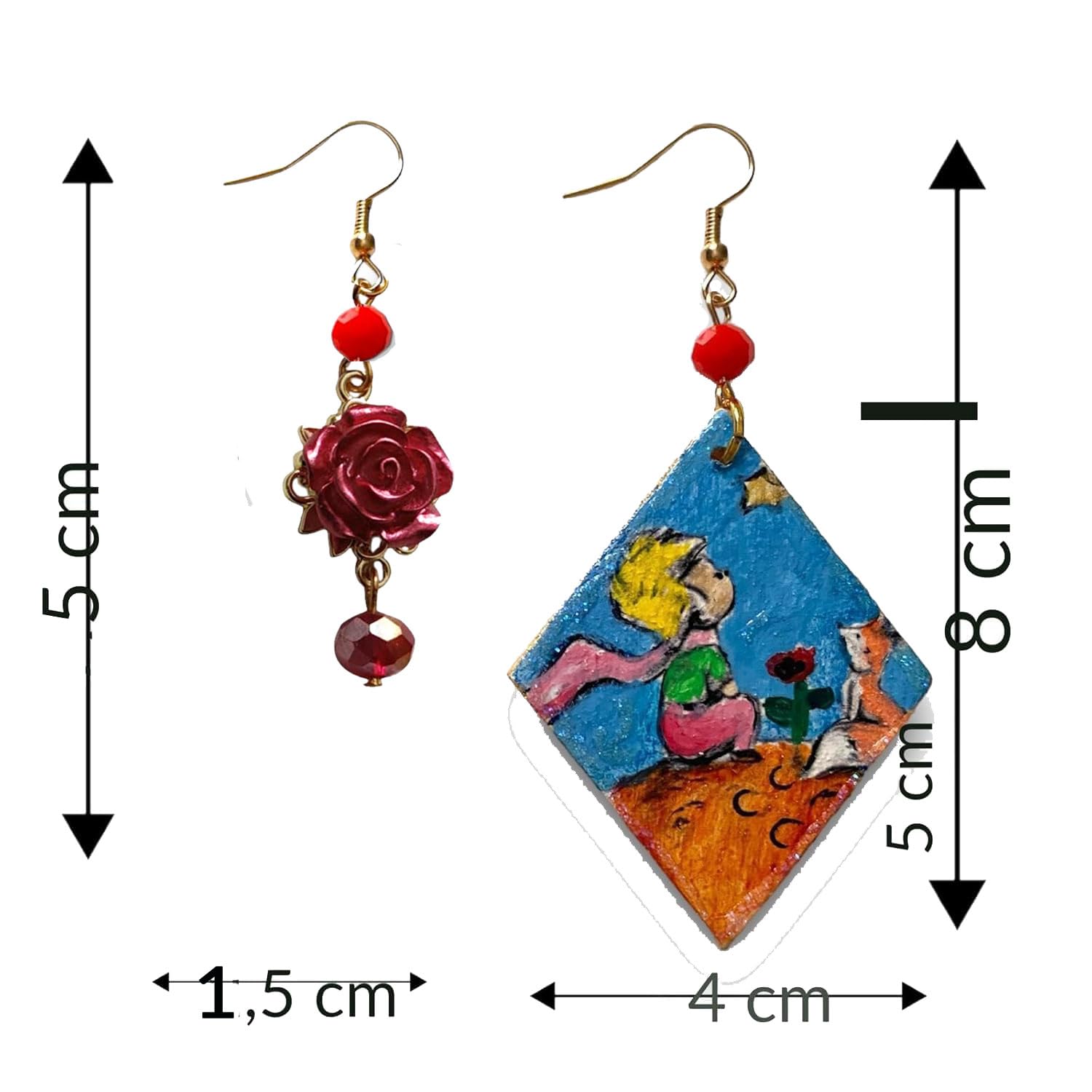 Boucles d'oreilles peintes à la main - PETIT PRINCE - Boucles d'oreilles pour femme, Bijoux peints à la main, Crochet en argent, Made in Italy, Bijoux décorés, Artisanat
