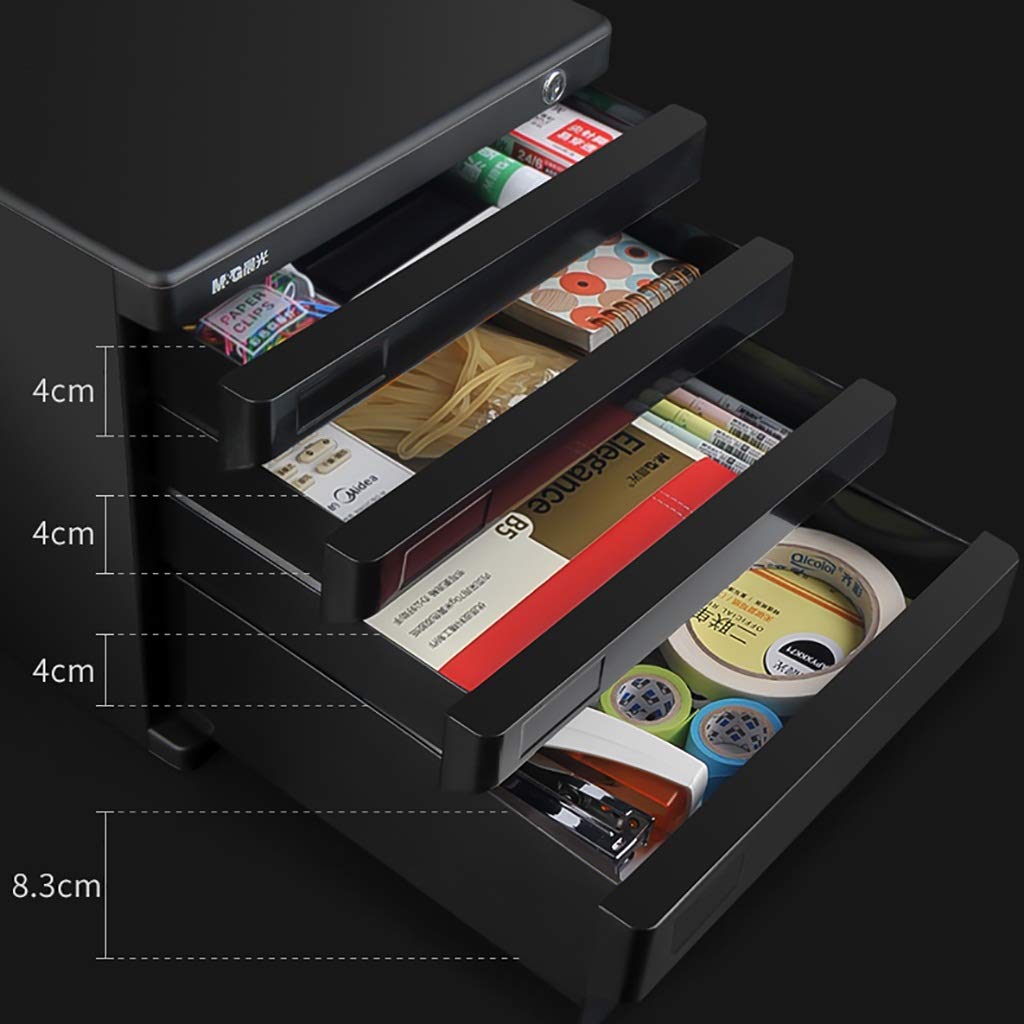 Archivador negro con cerradura con 4 cajones, organizador de documentos A4, espaciosa caja de almacenamiento para accesorios y archivos, diseño duradero y elegante